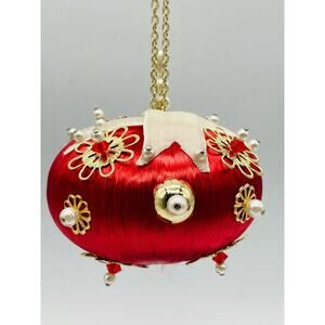 Vintage Handmade Silk/Satin Push Pin Ornament Jeweled Beaded Sequins Red